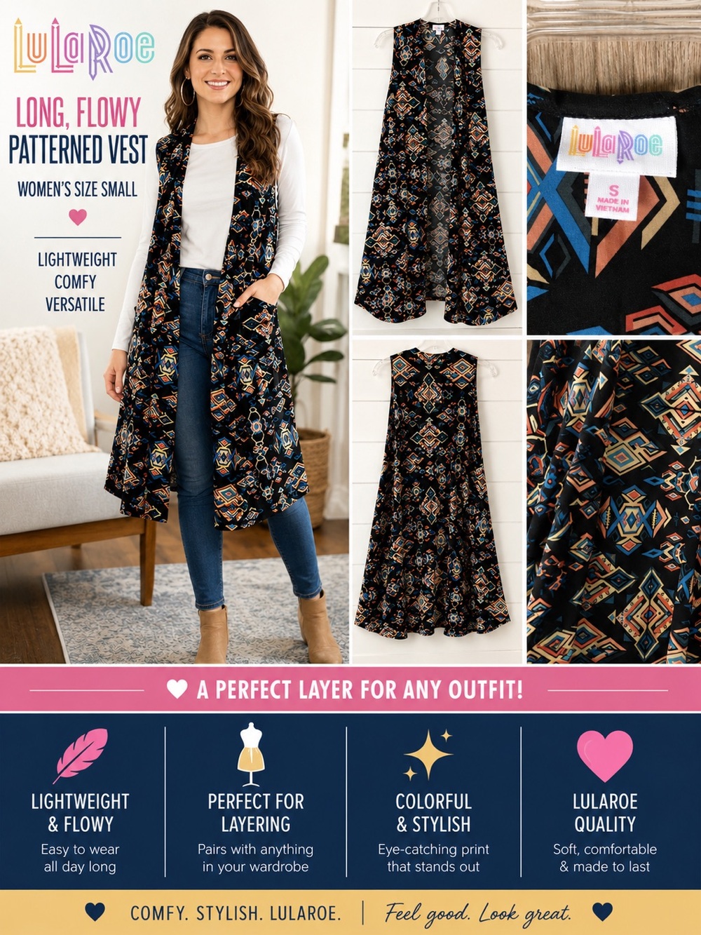 LuLaRoe Long, Flowy, Colorful, Patterned Vest (Women’s Size Small)
